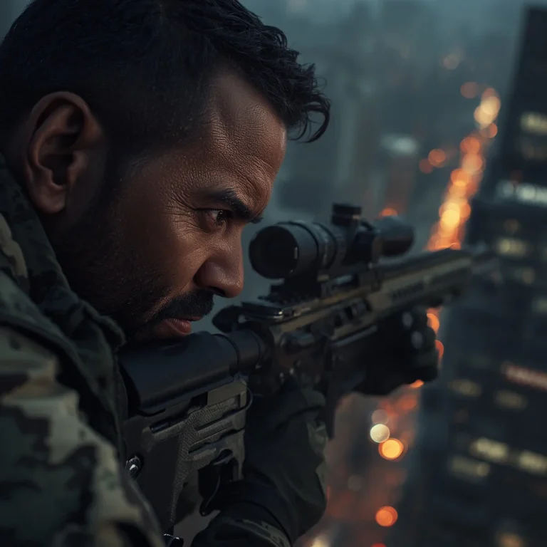 A Man’s Intense Focus as an Elite Sniper in an Urban Jungle | ai prompt for reels