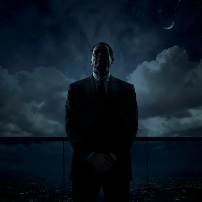 A Powerful Man in a Dark Suit Against a Dramatic Night Sky | Powerful Man Exuding