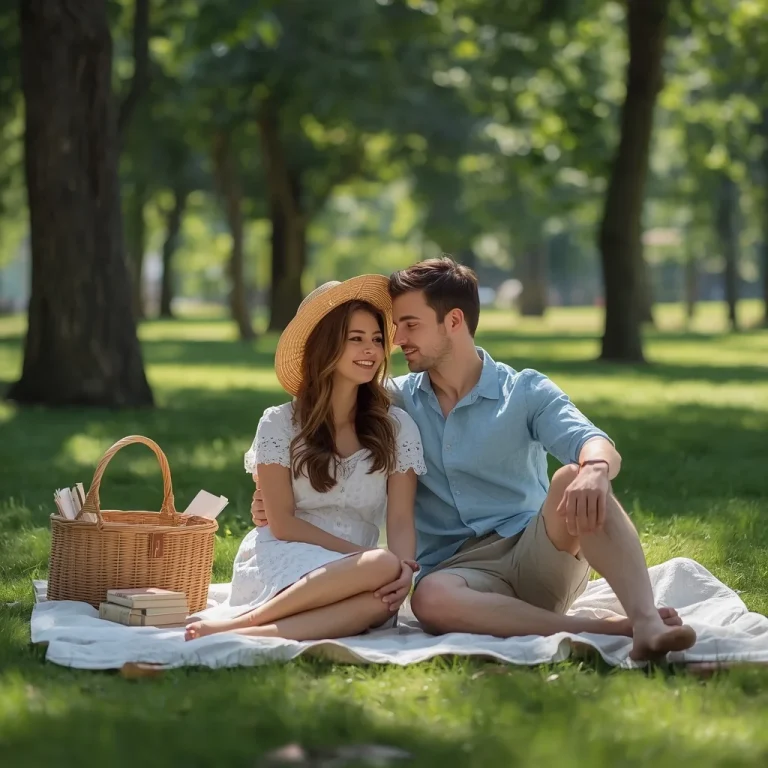 A romantic couple on a charming picnic blanket under dappled sunlight | cinematic couple ai prompt