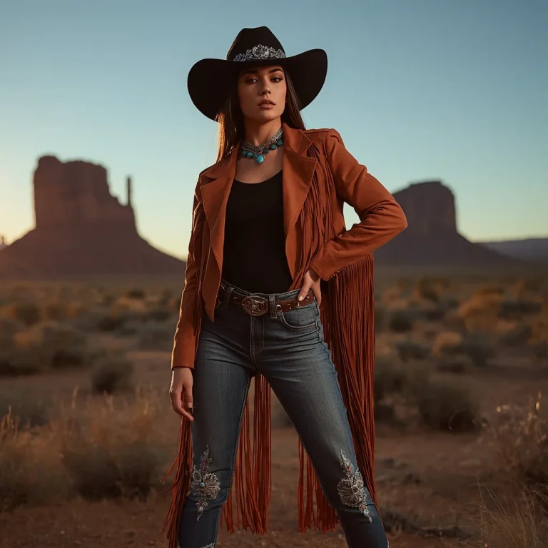 Desert Rose Renegade: Fringe Leather and Turquoise Mystique | fashion ai prompt