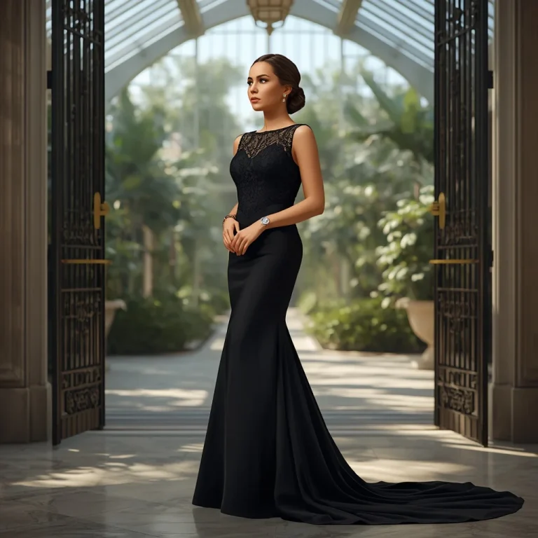 Elegant Black Gown in a Grand Conservatory Entrance | prompt gemini ai