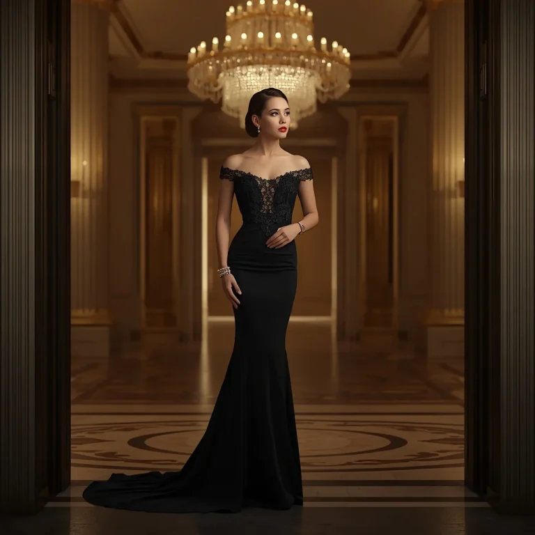 Elegant Black Gown in a Grand Hotel Ballroom Entrance | sora ai prompt
