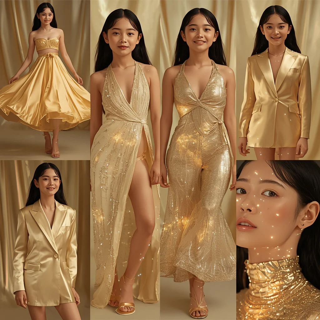 Holographic Reflections Soft Gold Silk Party Gowns | Futuristic Fashion Collage