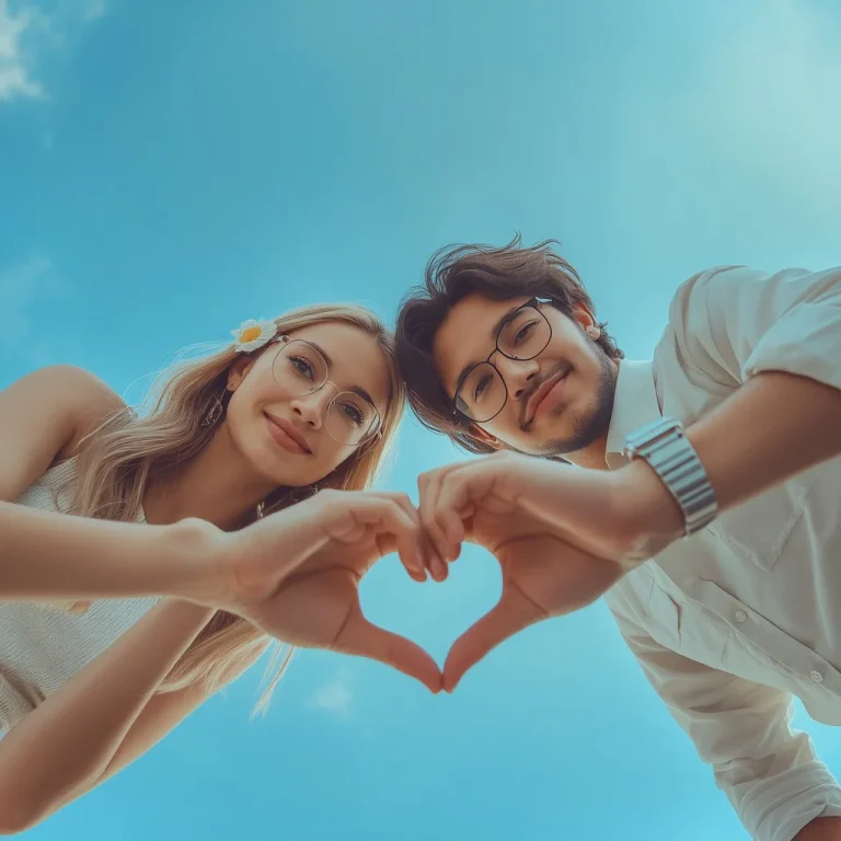 Low-Angle Couple Portrait: Heart Shape Hands, Bright Blue Sky | viral ai image prompt
