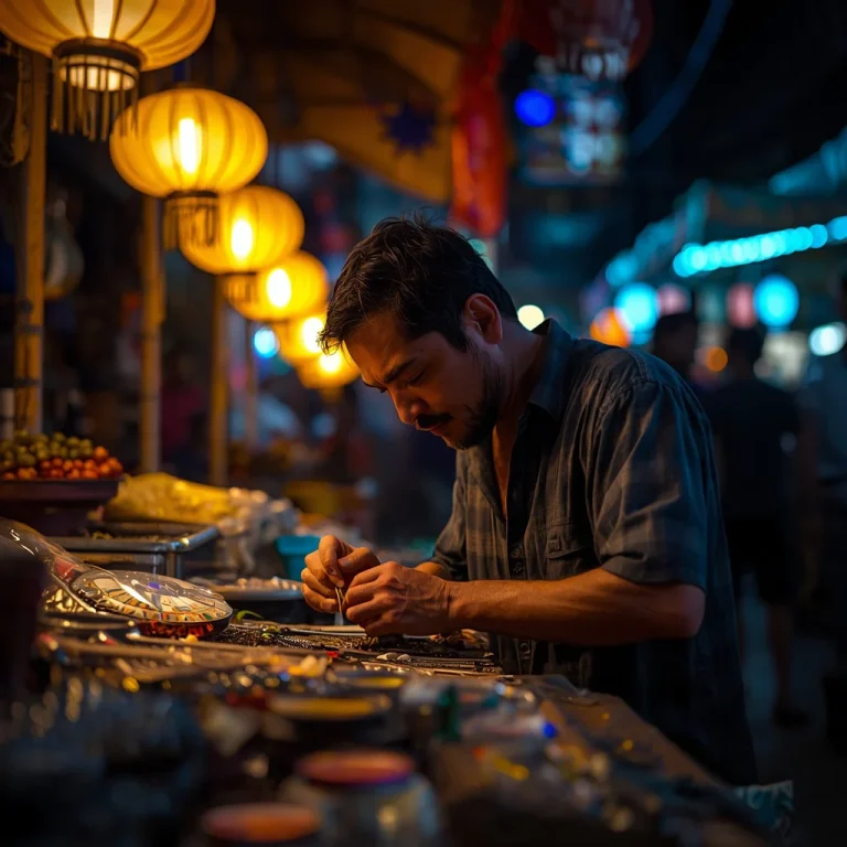 Night Market Artisan: A Man Crafting in Vibrant Lights | makeup ai prompt