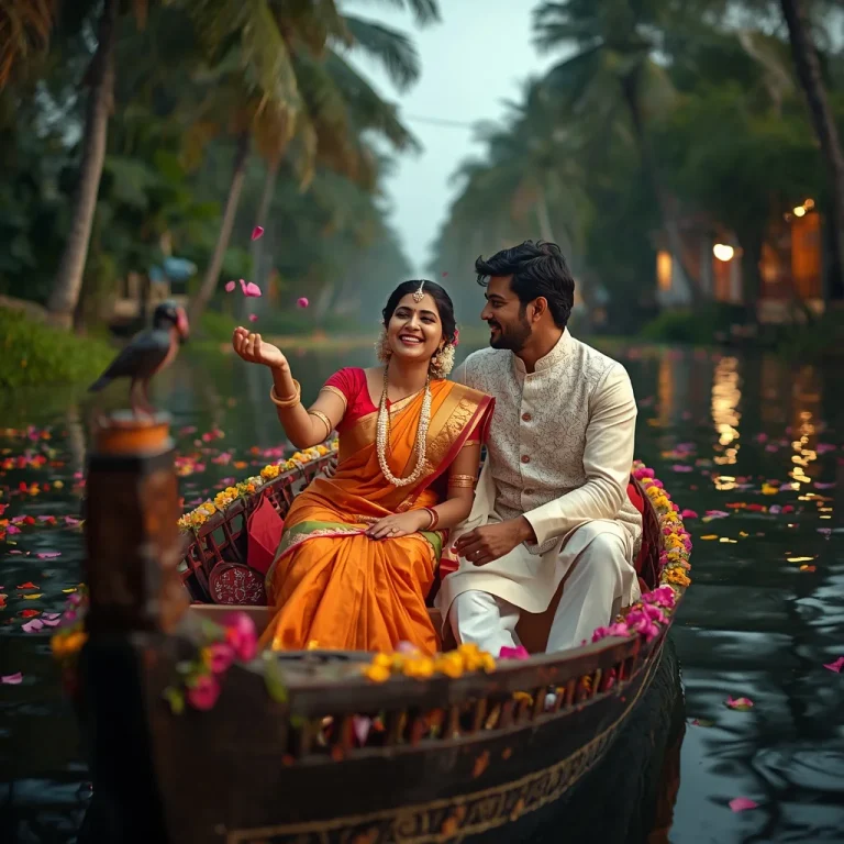 Romantic Backwater Festival: Couple with Floral Offerings | Prompt seen couple hug