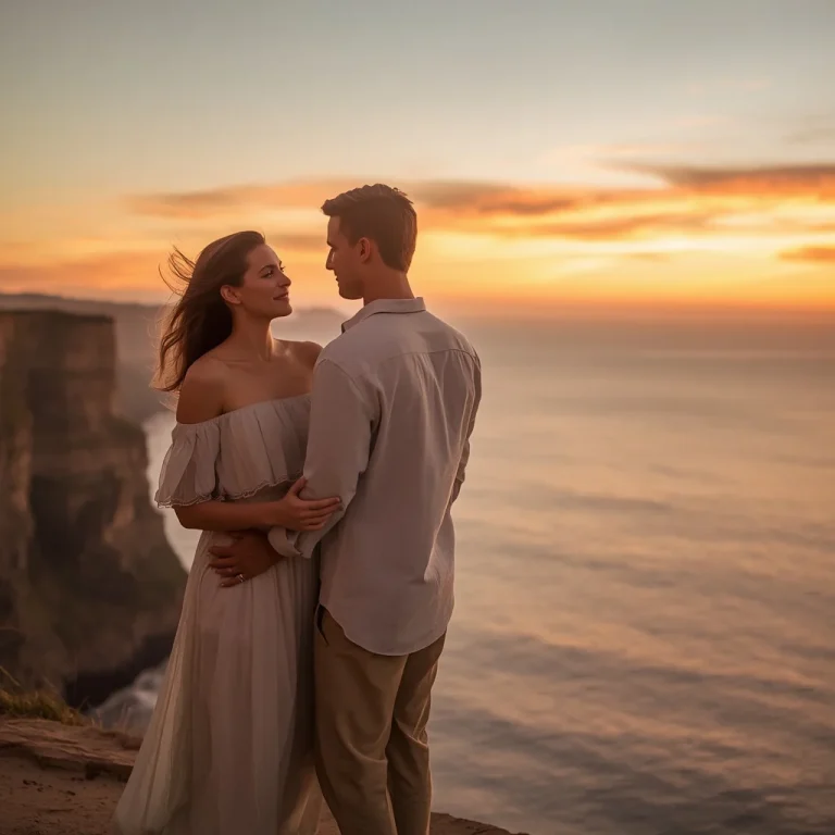 Romantic Couple Sharing a Serene Moment by an Ocean Cliffside | wedding couple ai prompt