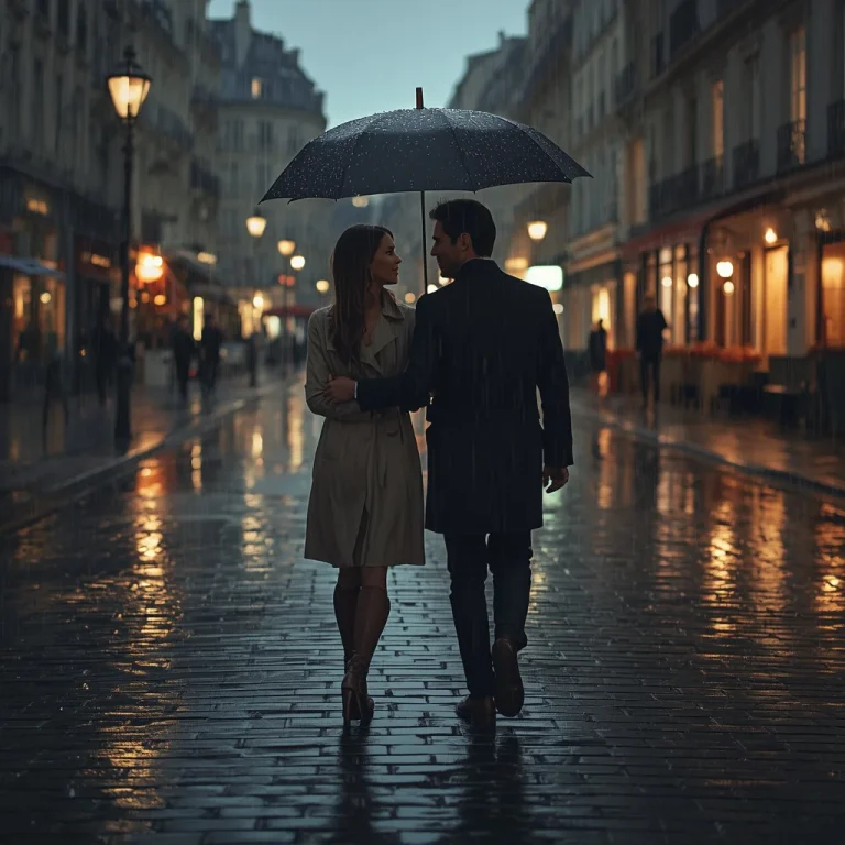 Romantic Couple Sharing an Umbrella in a Parisian Rainstorm | Romantic Couple Shares