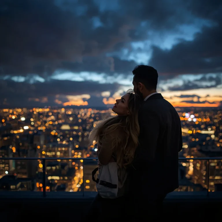 Rooftop Cityscape Gaze: Couple Admiring the Urban Panorama | ChatGPT couple photo prompt realistic copy and paste