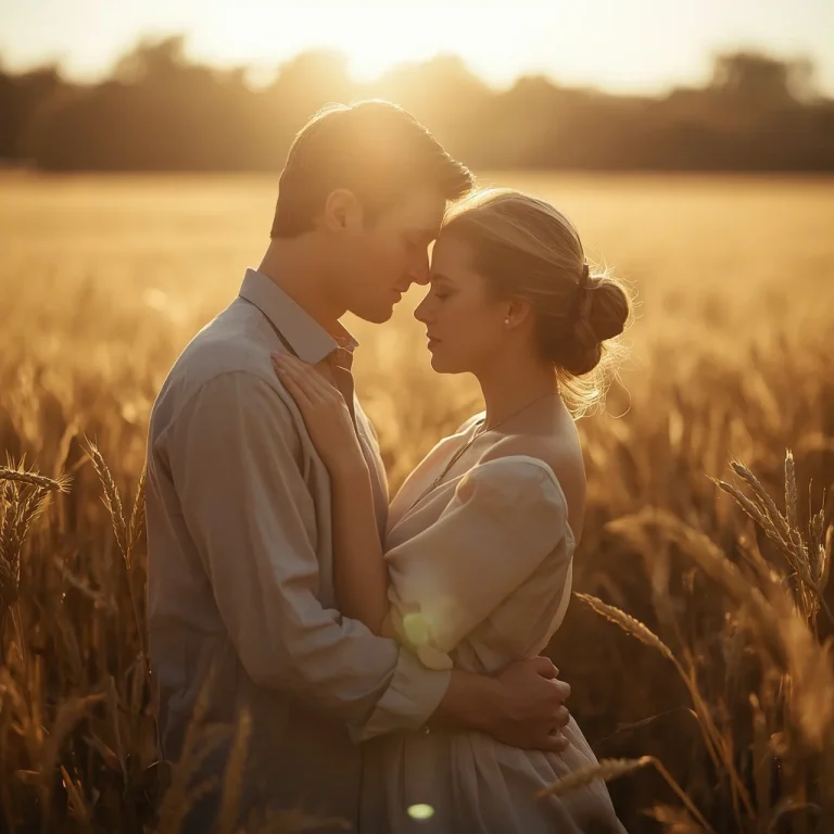 Rustic Romance: A Couple’s Gentle Embrace in a Sun-Kissed Wheat Field | Couple prompts Generator