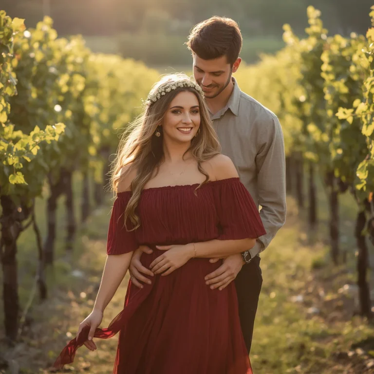 Vineyard Romance: Golden Light, Loving Gaze Amidst Vines | ChatGPT couple photo prompt realistic copy and paste
