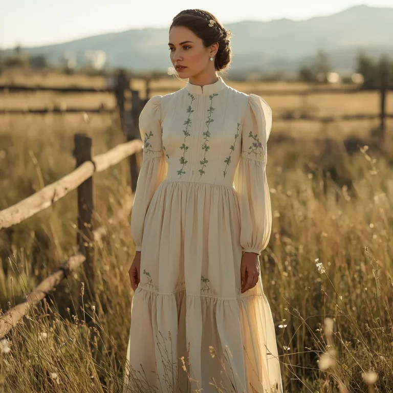 Vintage Western Gown: Embroidered Prairie Elegance | korean ai prompt