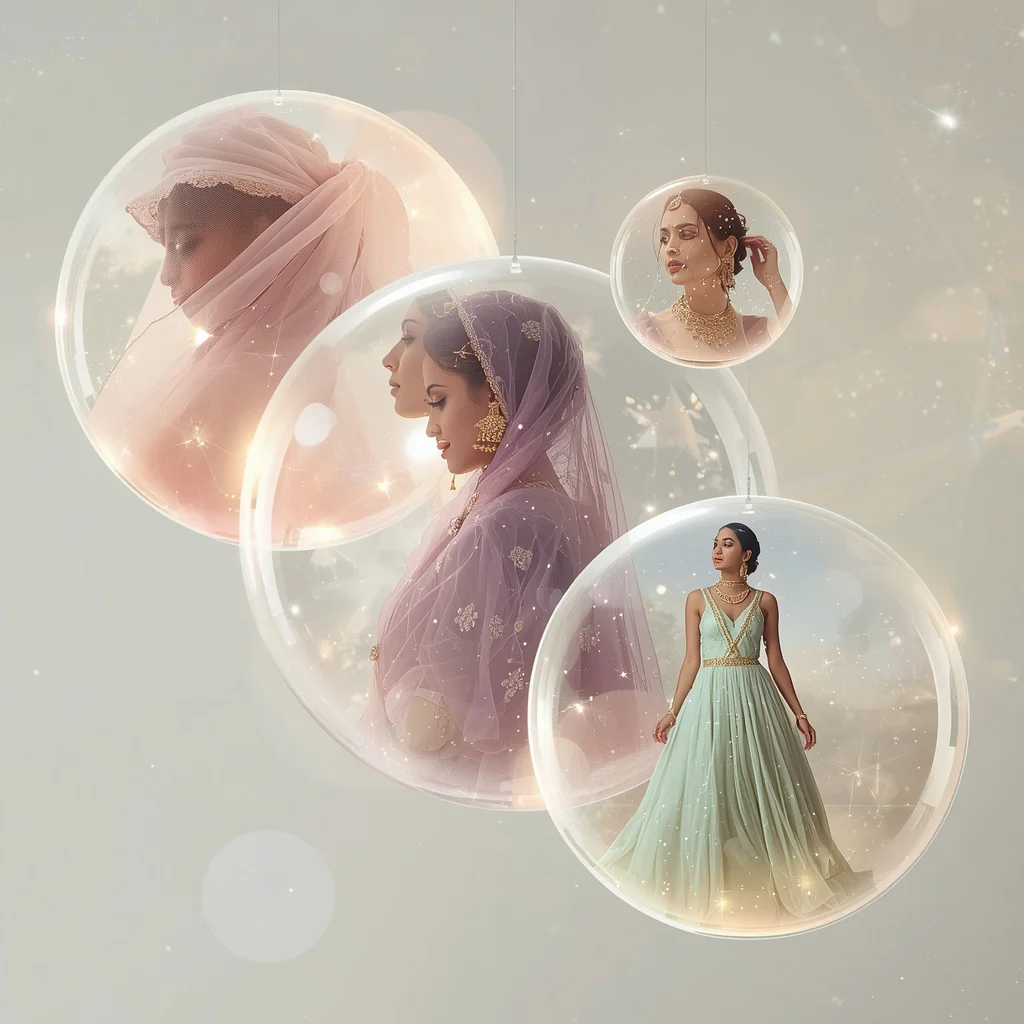 A Celestial Silk Orb Collage Framing Dreamy Indian Festive Attire
