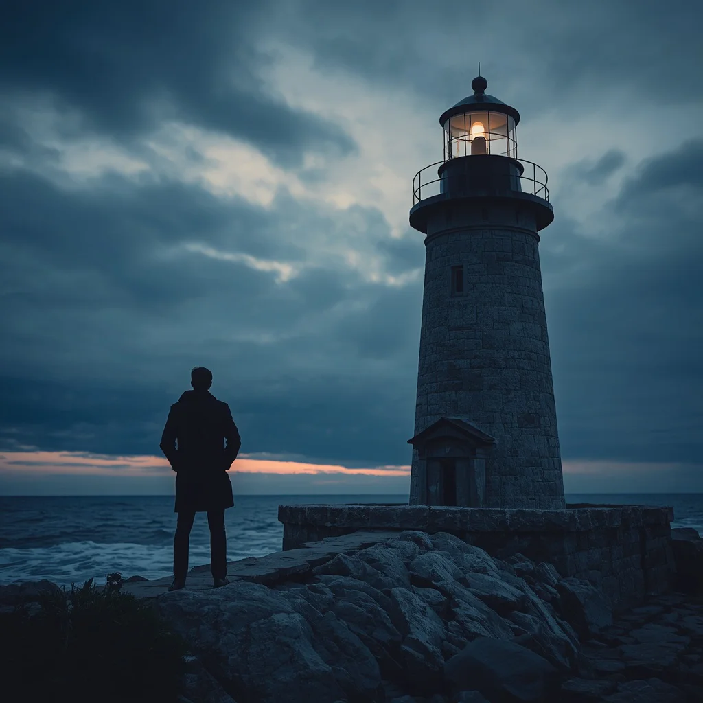 A Man's Solitary Moment at an Old Lighthouse at Dusk