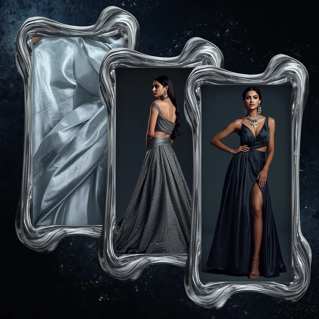 A Molten Silver Frame Collage Emphasizing Sleek Indian Festive Silhouettes