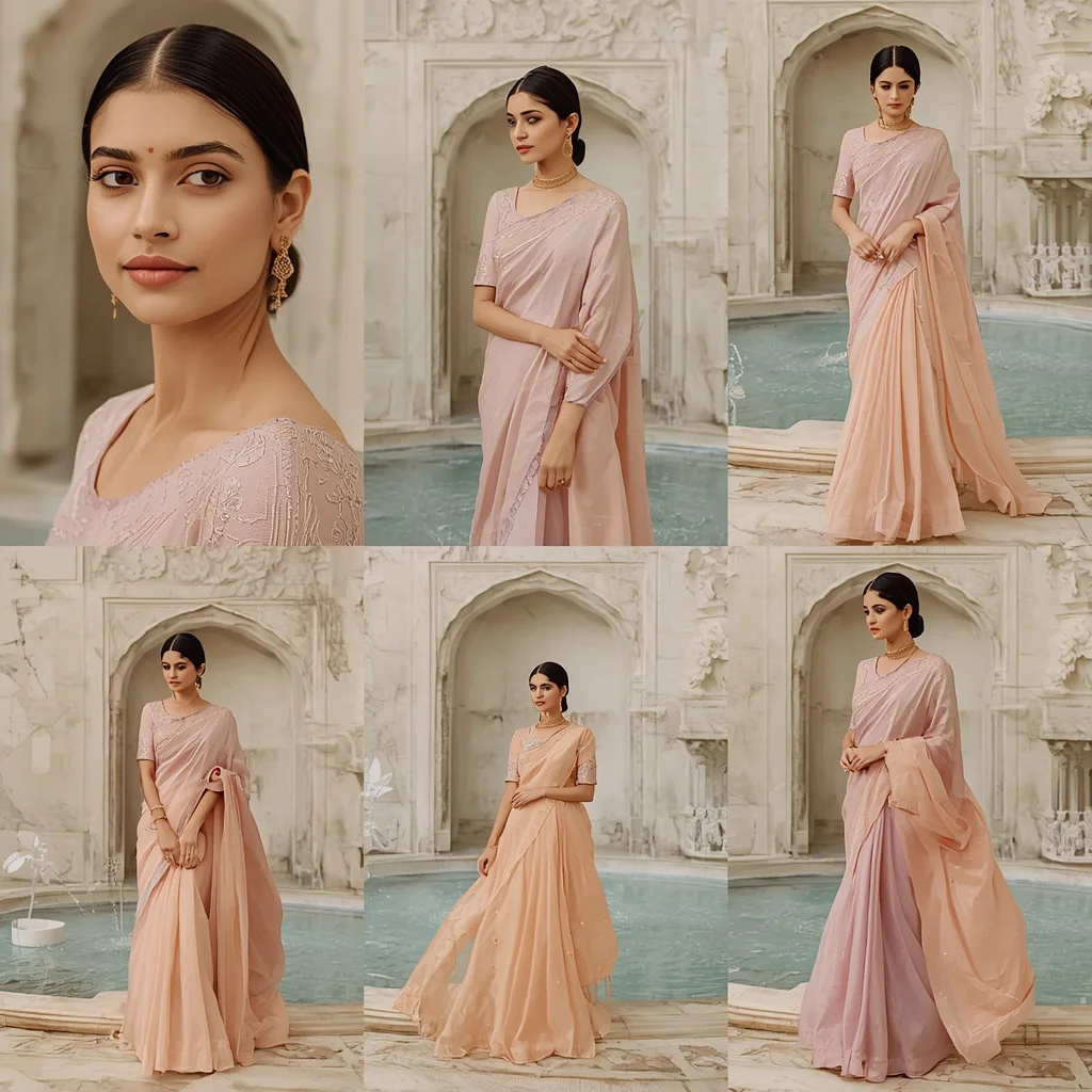 A Regal Editorial Collage of Indian Woman in Festive Pastel Saree Near Royal Fountains