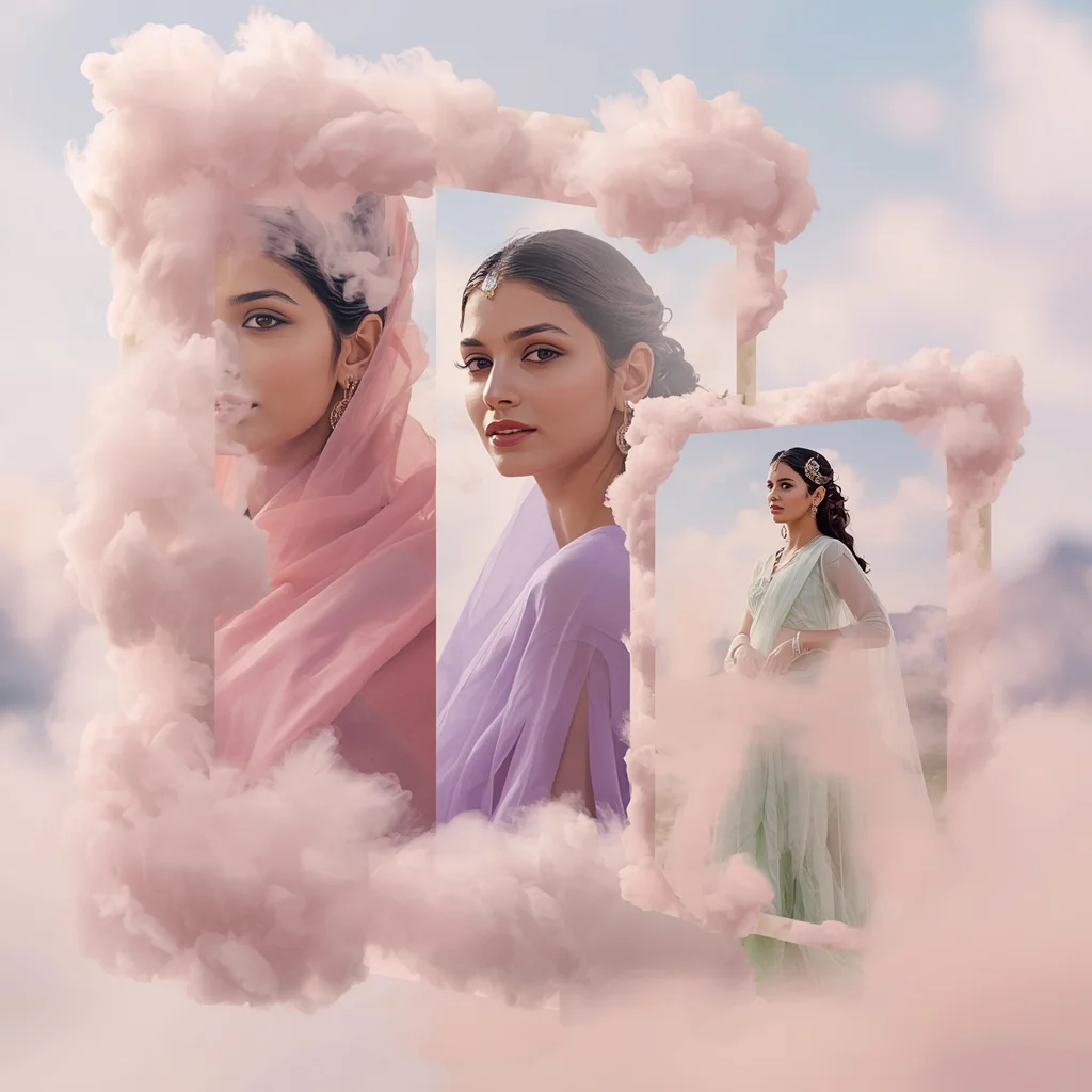 A Sculptural Cloud Mist Collage Framing Soft Indian Festive Silhouettes