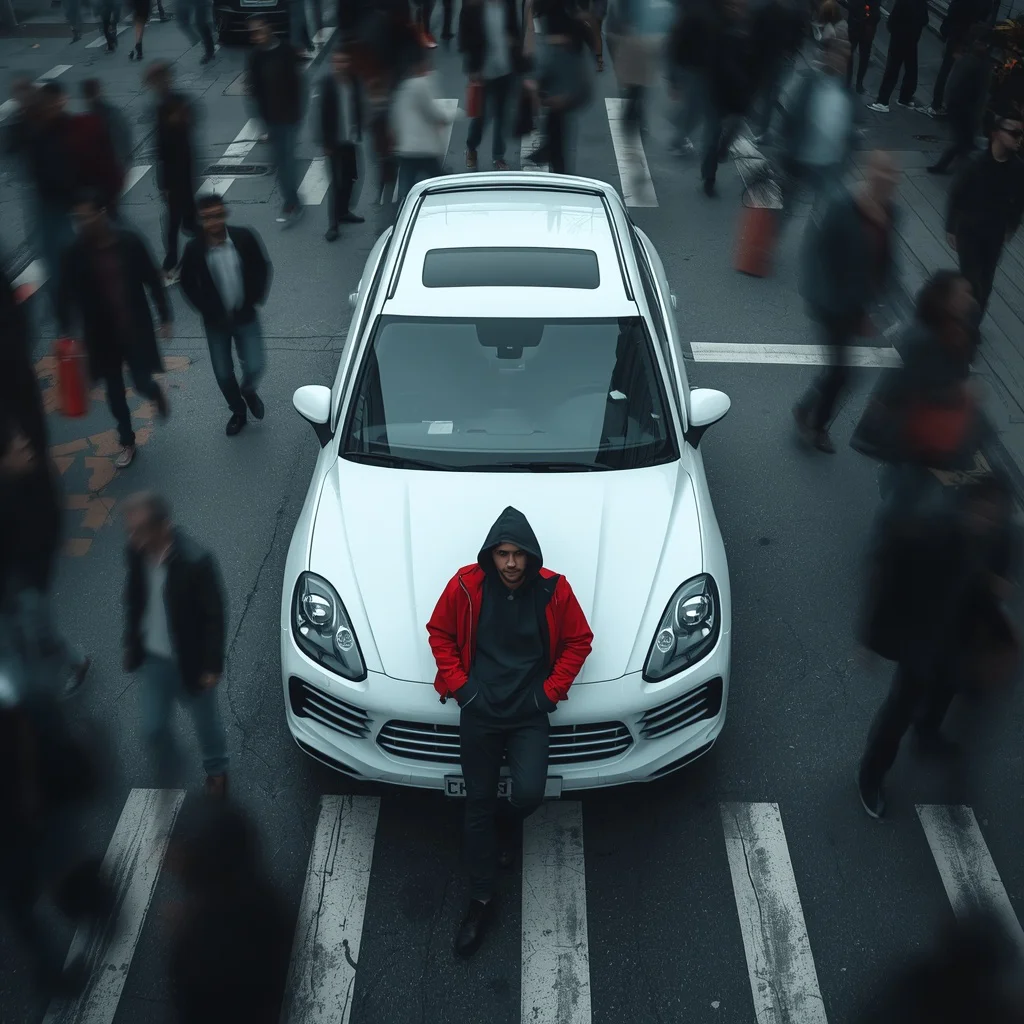 Aerial Cinematic Shot of a Hooded Man Leaning Against a White Porsche