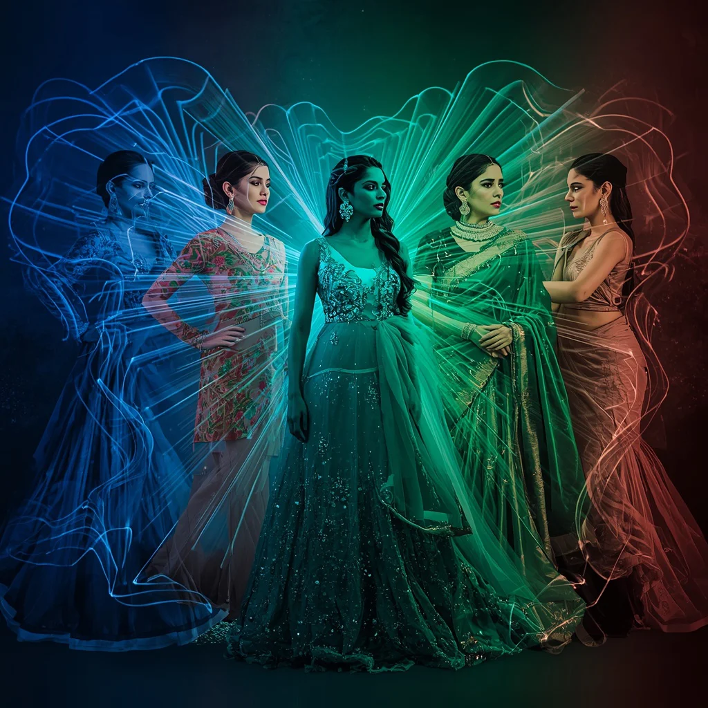 An Ethereal Kinetic Light Collage Featuring Interweaving Beams and Festive Attire
