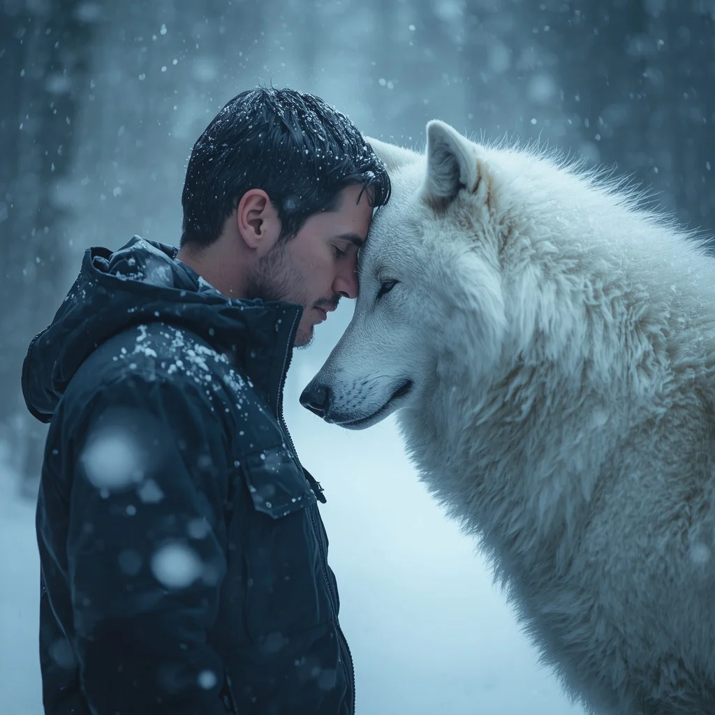Cinematic Emotional Portrait of a Man and a White Wolf in a Snowy Forest