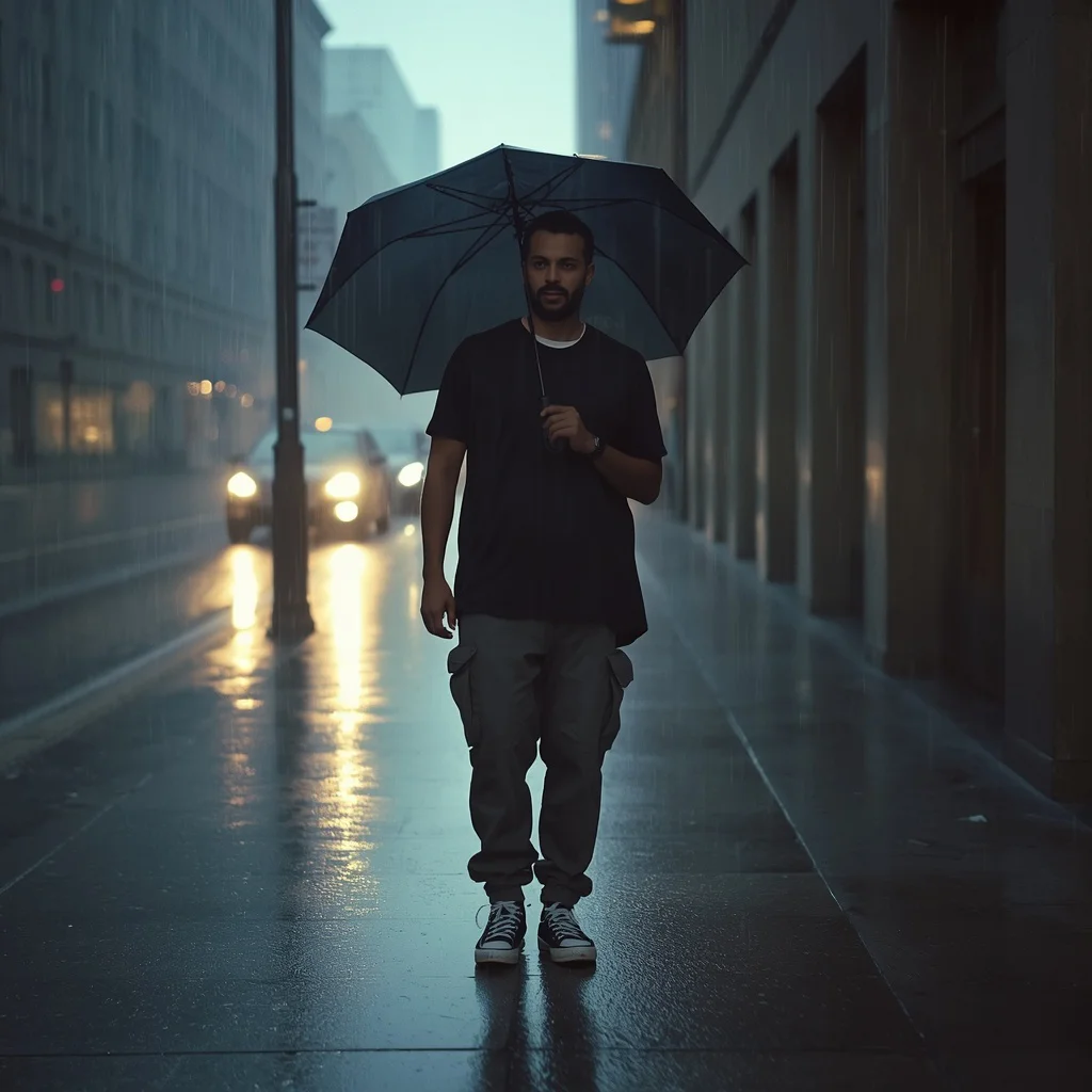 Cinematic Shot of a Man Standing Alone on a Rainy City Sidewalk