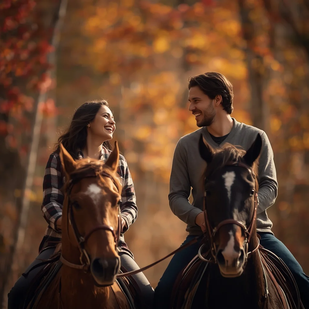 Couple’s Romantic Horseback Ride Through Autumn Woods