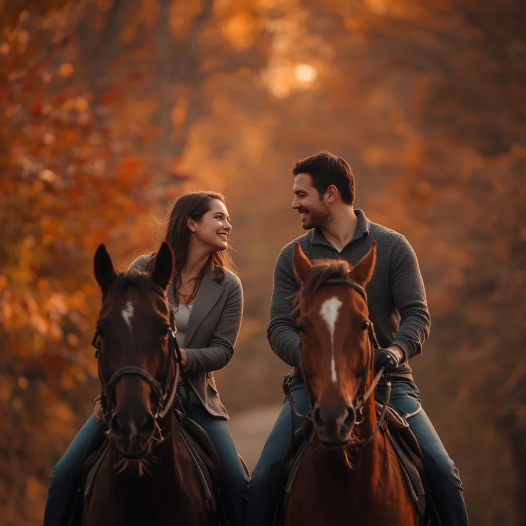 Couple's Romantic Horseback Ride Through Autumn Woods