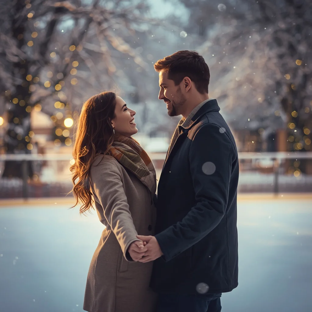 Couple's Romantic Ice Skating in a Winter Wonderland