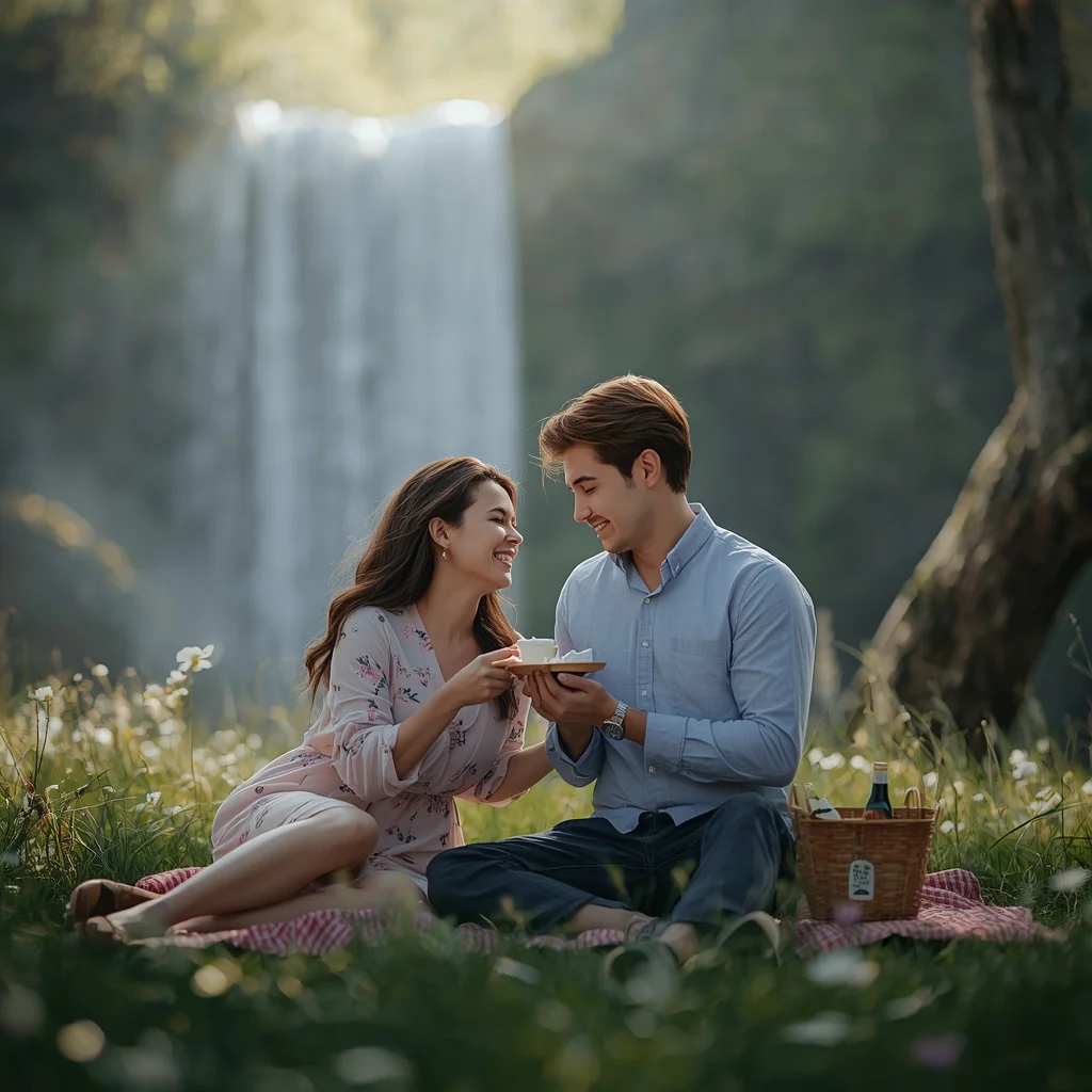 Couple's Romantic Picnic by a Waterfall in Spring