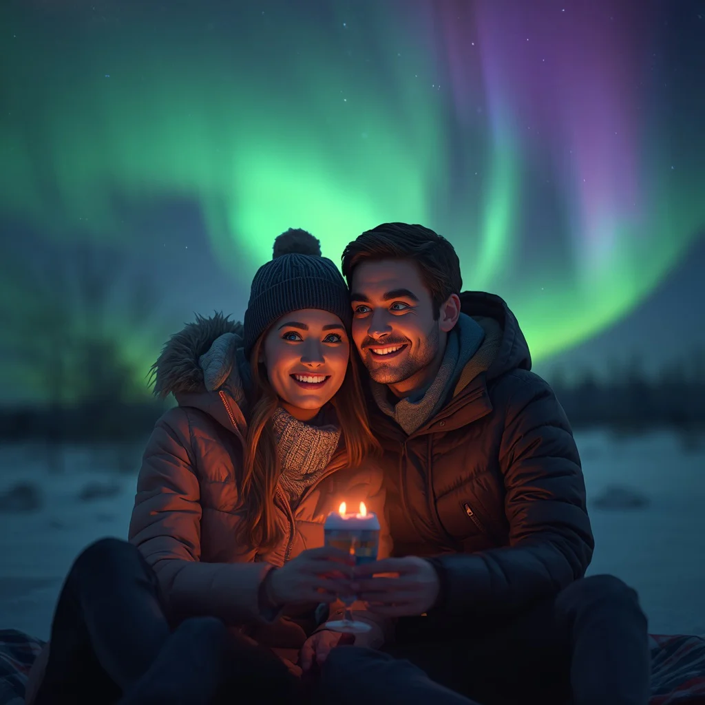 Couple’s Romantic Picnic Under a Glowing Aurora Borealis