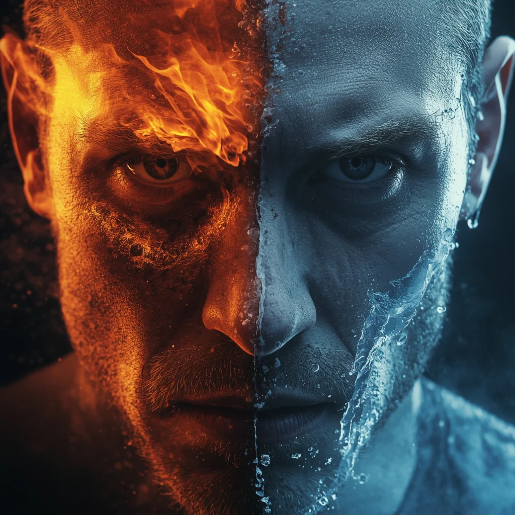 Hyperrealistic Close-up of a Man's Face Split Between Fire and Ice