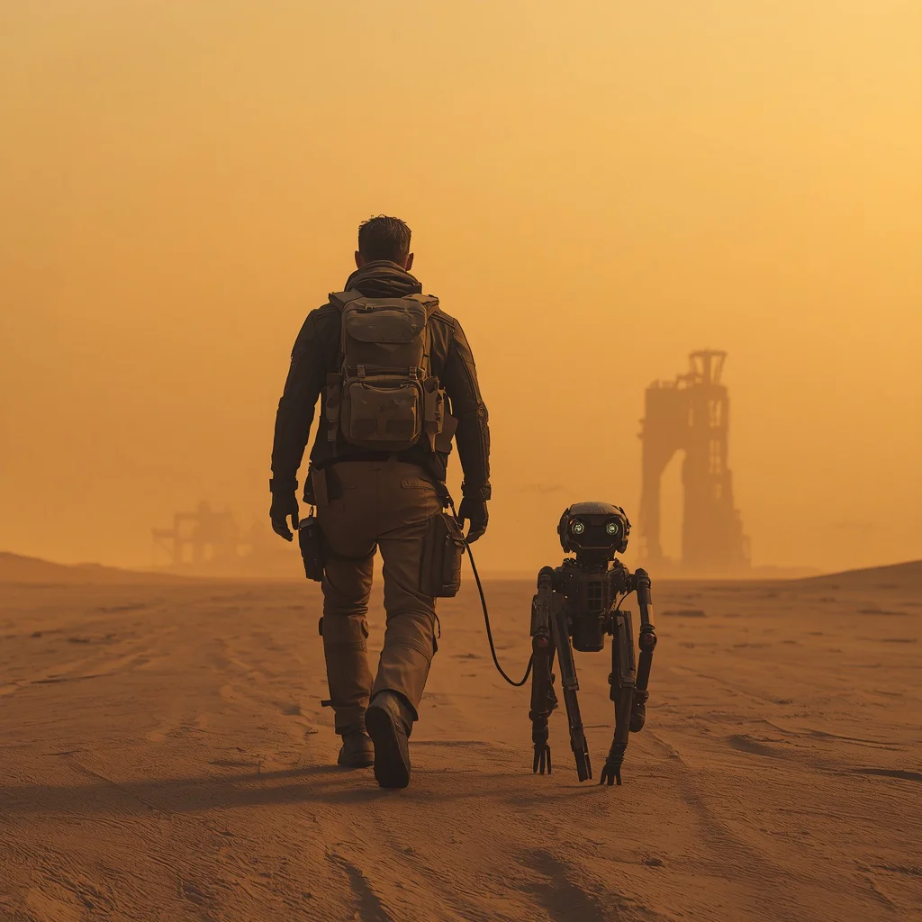 Man as a Modern Nomad in a Post-Apocalyptic Desert with a Robotic Companion