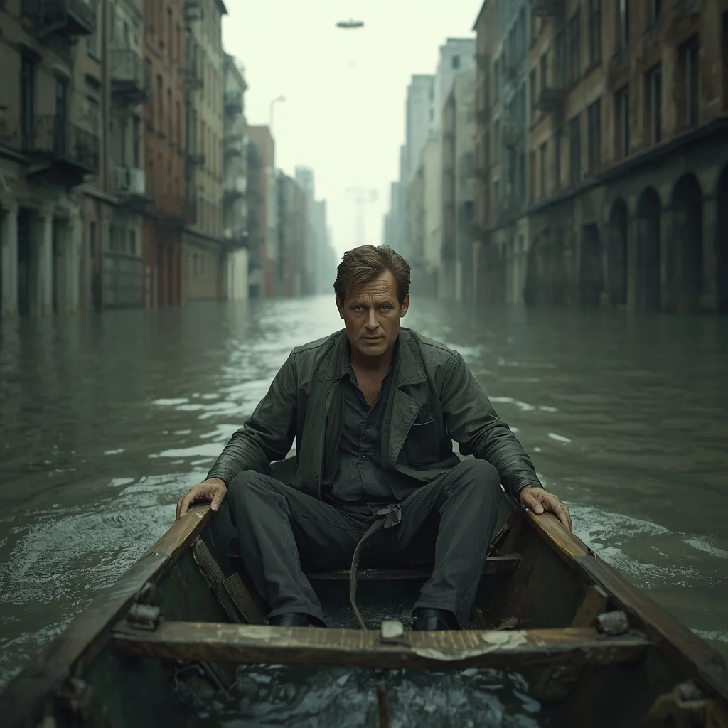 Man as a Resilient Survivor in a Flooded, Abandoned City