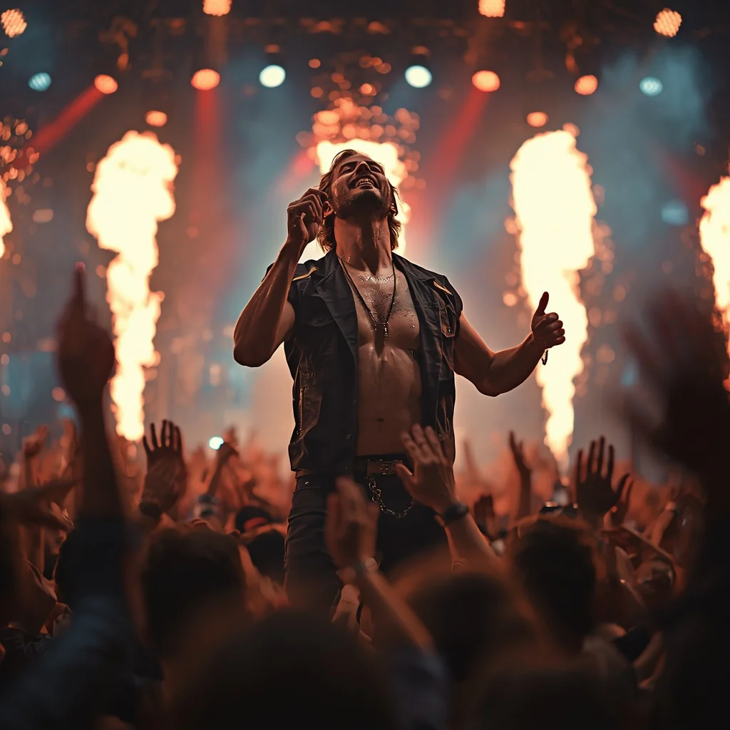 Man as a Rockstar on Stage with Pyrotechnics and a Cheering Crowd