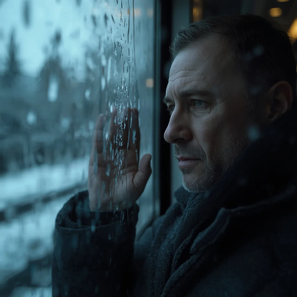 Melancholic Man Gazing Out a Steamy Train Window During a Snowstorm