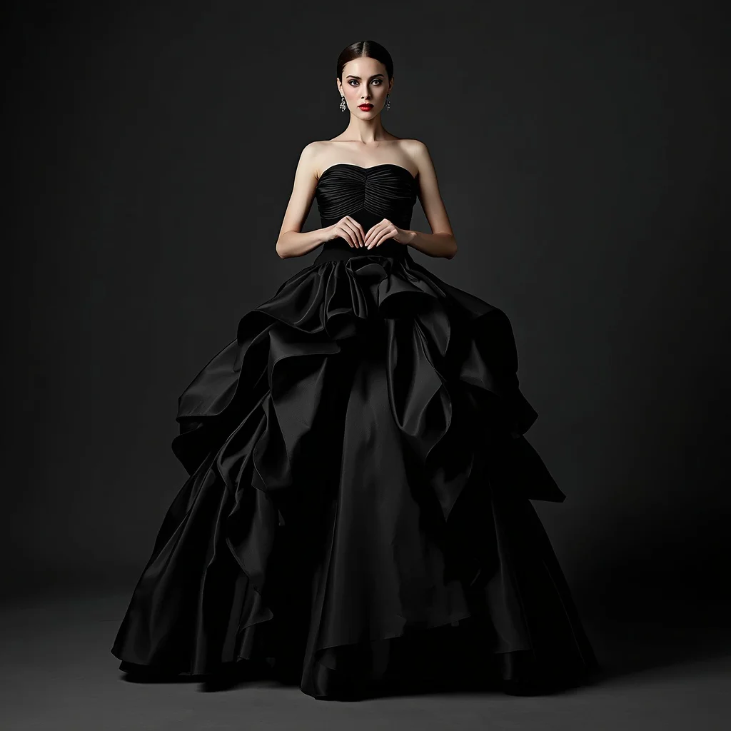 Sculptural Black Strapless Gown with Architectural Pleats for a High-Fashion Gala