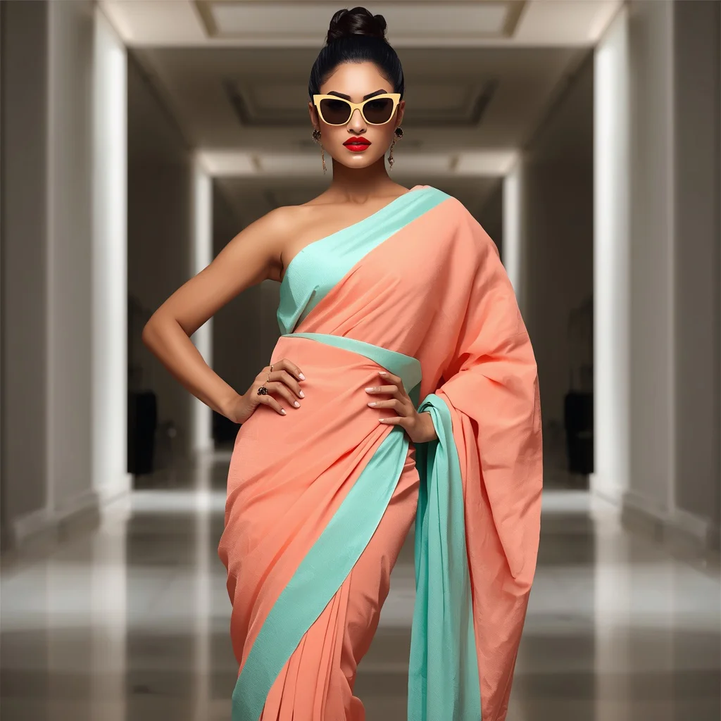 Stylish Indian Woman with Sunglasses in a Pastel Designer Saree Boldly