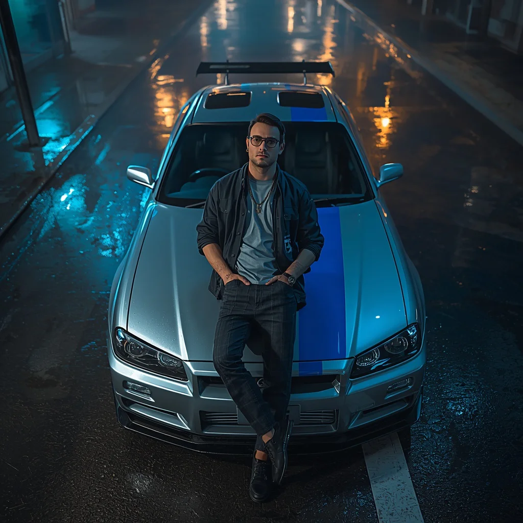 Ultra-realistic Full-body Portrait of a Man in a Japanese Street-Racing Environment