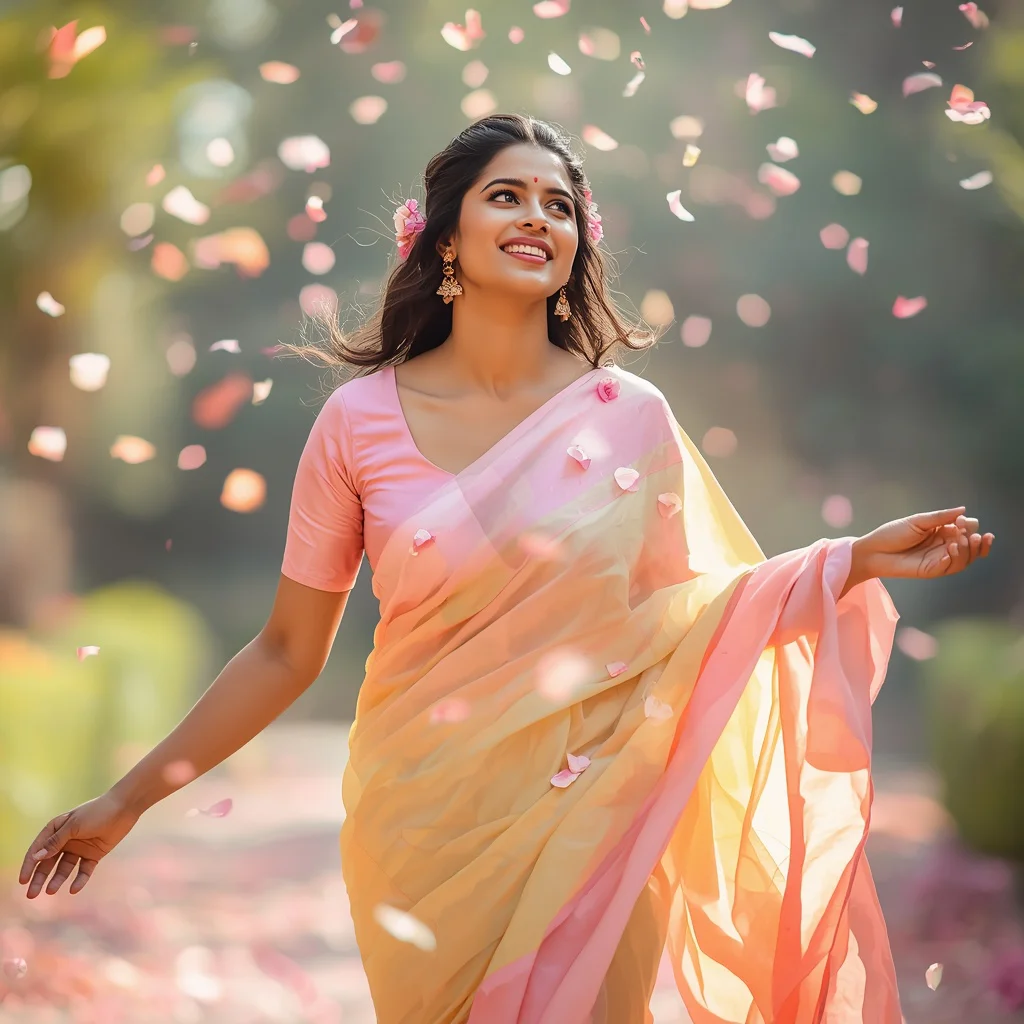 Vibrant Indian Woman Walking Through a Petal Shower in a Pastel Saree